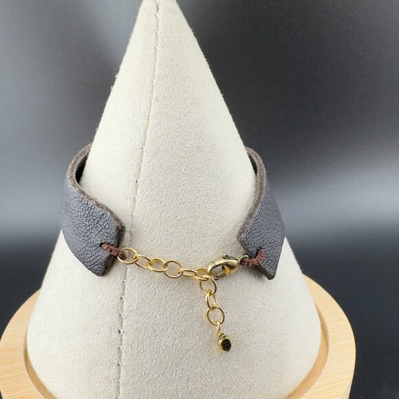 Artisan Handmade Leather Strap Bead Chaledoncy Stone 14k Gold Filled Bracelet - Picture 4 of 7